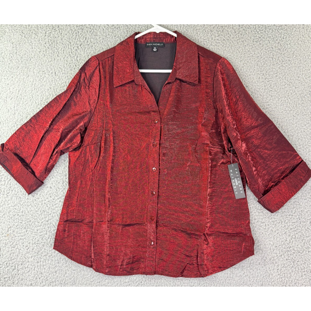 Sara Michelle Blouse Womens XL Red Metallic Button Front NWT